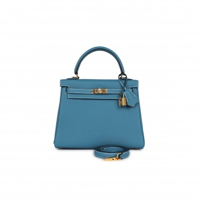 HERMÈS KELLY RETOURNE 25 BLUE DENIM ROSE GOLD BUCKLE (25*17*7cm) 
